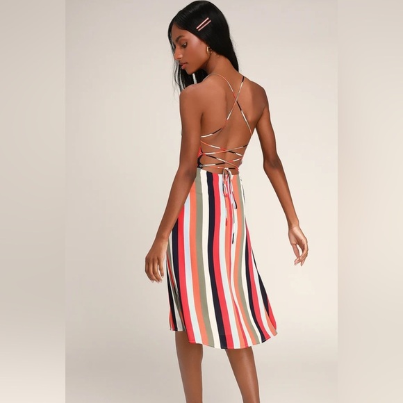 Lulus Below-the-knee striped dress with spaghetti straps and a tie back S NWOT - Picture 3 of 9